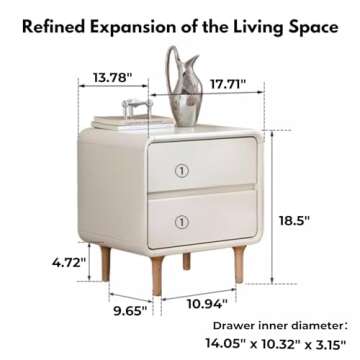 Bamskov Short Nightstand - White Wood Nightstand with 2 Drawers - Stylish Bedside Table, Elegant Modern Small Nightstand for Bedroom, Dormitory (17.71", Cream White)