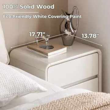 Bamskov Short Nightstand - White Wood Nightstand with 2 Drawers - Stylish Bedside Table, Elegant Modern Small Nightstand for Bedroom, Dormitory (17.71", Cream White)