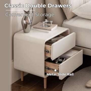 Bamskov Short Nightstand - White Wood Nightstand with 2 Drawers - Stylish Bedside Table, Elegant Modern Small Nightstand for Bedroom, Dormitory (17.71", Cream White)