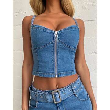 KMBANGI Women’s Corset Crop Top Sexy Push Up Bustier Backless Strap Tank Vest Top Streetwear Party Bralette(Zip Denim Blue, Small)