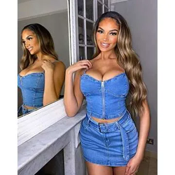 KMBANGI Women’s Corset Crop Top Sexy Push Up Bustier Backless Strap Tank Vest Top Streetwear Party Bralette(Zip Denim Blue, Small)