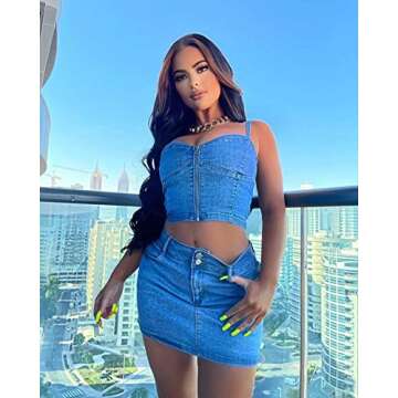 KMBANGI Women’s Corset Crop Top Sexy Push Up Bustier Backless Strap Tank Vest Top Streetwear Party Bralette(Zip Denim Blue, Small)