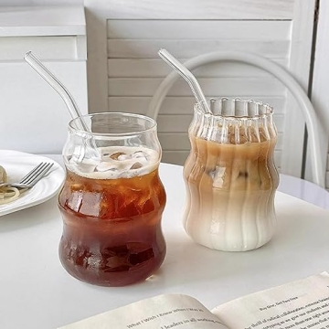18 Oz Vintage Ribbed Glass Cups for Iced Coffee & Cocktails