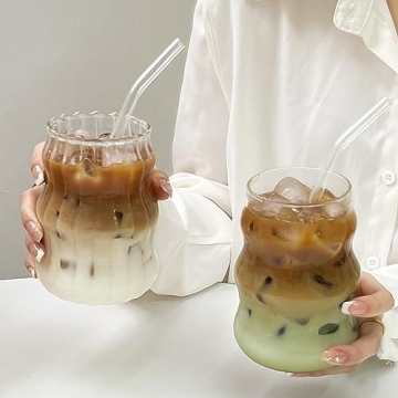 18 Oz Vintage Ribbed Glass Cups for Iced Coffee & Cocktails