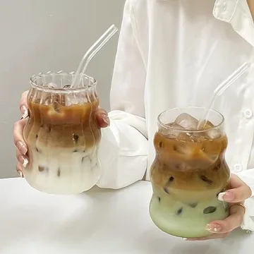 18 Oz Vintage Ribbed Glass Cups for Iced Coffee & Cocktails