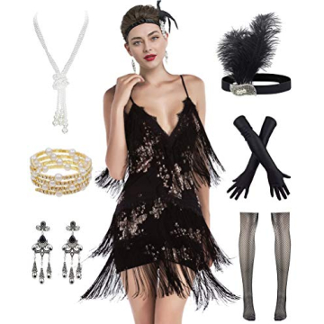 Women's Flapper Dress 1920s Gatsby Tassel Sway Dance Cocktail Dress with 20s Accessories Set (XL, Bl...