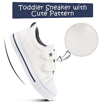 K KomForme Toddler Boys & Girls Shoes Kids Canvas Sneakers with Cartoon Dual Hook and Loops, Size 6 Toddler, White