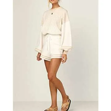 Gihuo Women’s Striped 2 Piece Outfits Crewneck Knit Pullover Sweater Shorts Set Wide Leg Matching ...