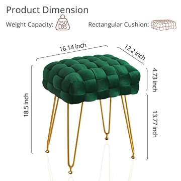 LUE BONA Velvet Vanity Stool, Rectangle Ottoman, Upholstered Make up Foot Stool with Gold Metal Legs and Padded Seat, Modern Footstool for Living Room, Bedroom,Dressing Room, Emerald Green