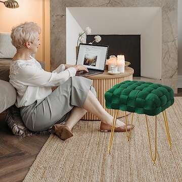 LUE BONA Velvet Vanity Stool, Rectangle Ottoman, Upholstered Make up Foot Stool with Gold Metal Legs and Padded Seat, Modern Footstool for Living Room, Bedroom,Dressing Room, Emerald Green