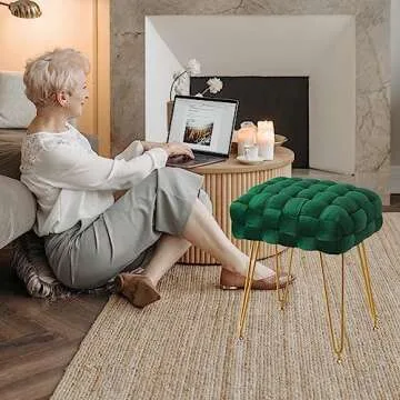 LUE BONA Velvet Vanity Stool, Rectangle Ottoman, Upholstered Make up Foot Stool with Gold Metal Legs and Padded Seat, Modern Footstool for Living Room, Bedroom,Dressing Room, Emerald Green