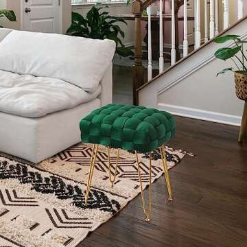 LUE BONA Velvet Vanity Stool, Rectangle Ottoman, Upholstered Make up Foot Stool with Gold Metal Legs and Padded Seat, Modern Footstool for Living Room, Bedroom,Dressing Room, Emerald Green