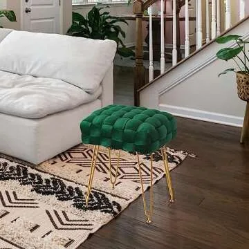 LUE BONA Velvet Vanity Stool, Rectangle Ottoman, Upholstered Make up Foot Stool with Gold Metal Legs and Padded Seat, Modern Footstool for Living Room, Bedroom,Dressing Room, Emerald Green