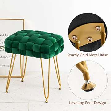 LUE BONA Velvet Vanity Stool, Rectangle Ottoman, Upholstered Make up Foot Stool with Gold Metal Legs and Padded Seat, Modern Footstool for Living Room, Bedroom,Dressing Room, Emerald Green