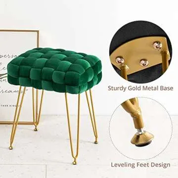 LUE BONA Velvet Vanity Stool, Rectangle Ottoman, Upholstered Make up Foot Stool with Gold Metal Legs and Padded Seat, Modern Footstool for Living Room, Bedroom,Dressing Room, Emerald Green