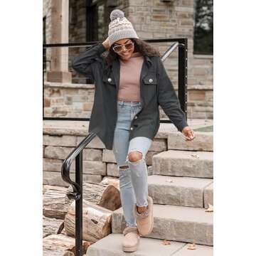 VICHYIE Womens Shirts Shacket Casual Long Sleeve Corduroy Lapel Oversized Button Down Blouses Tops Coat Outwear Jacket Grey M