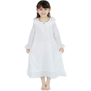 610 YOU Pajama Dress for Kids, Girls Long Sleeve Nightgowns, White Cotton Vintage Night Gowns for Gi...