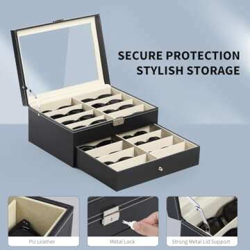 AUTOARK Leather 16 Piece Eyeglasses Storage and Sunglass Glasses Display Drawer Lockable Case Organizer,Black,AW-093