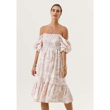 NOTHING FITS BUT Women Linen Cotton Dress, Floral Pattern Sakura Gown, Women Casual Dress, Baby Pink, S/M