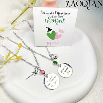 Elphaba Galinda Friendship Matching Necklace - Best Friends Heart Shaped Pendent Necklace for 2, BFF Couples Gemstones Necklace Christmas Valentine's Day Jewelry Gifts for Fans Party Dress Decor