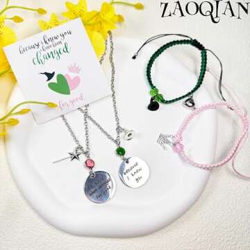 Elphaba Galinda Friendship Matching Necklace - Best Friends Heart Shaped Pendent Necklace for 2, BFF Couples Gemstones Necklace Christmas Valentine's Day Jewelry Gifts for Fans Party Dress Decor