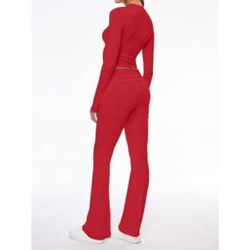 AnotherChill Women's 2 Piece Lounge Sets Fold-over Flare Pants Set Long Sleeve Cropped Top Casual Outfits Pajamas (Red, Small)