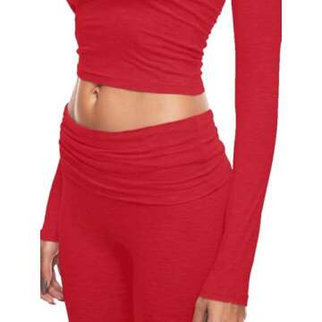 AnotherChill Women's 2 Piece Lounge Sets Fold-over Flare Pants Set Long Sleeve Cropped Top Casual Outfits Pajamas (Red, Small)