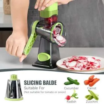 KEOUKE Rotary Cheese Grater with Handle Vegetable Cheese Shredder Slicer Grater for Kitchen 3 Changeable Blades for Cheese Potato Zucchini Nuts Chocolate (Green SP)