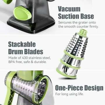 KEOUKE Rotary Cheese Grater with Handle Vegetable Cheese Shredder Slicer Grater for Kitchen 3 Changeable Blades for Cheese Potato Zucchini Nuts Chocolate (Green SP)