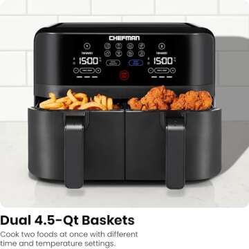 Chefman TurboFry Touch Dual Air Fryer, Maximize The Healthiest Meals With Double Basket Capacity, One-Touch Digital Controls And Shake Reminder For The Perfect Crispy And Low-Calorie Finish