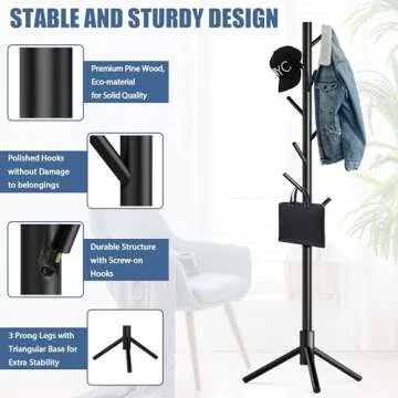 Haddockway Wooden Coat Rack Stand with 8 Hooks New Zealand Pine 3 Adjustable Coat Standing Tree Easy Assembly for Coats, Hats, Scarves and Handbags for Entryway, Hallway, Bedroom, Office