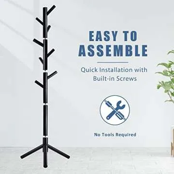 Haddockway Wooden Coat Rack Stand with 8 Hooks New Zealand Pine 3 Adjustable Coat Standing Tree Easy Assembly for Coats, Hats, Scarves and Handbags for Entryway, Hallway, Bedroom, Office