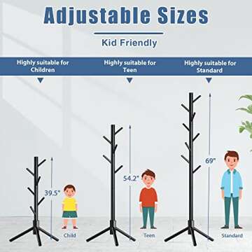 Haddockway Wooden Coat Rack Stand with 8 Hooks New Zealand Pine 3 Adjustable Coat Standing Tree Easy Assembly for Coats, Hats, Scarves and Handbags for Entryway, Hallway, Bedroom, Office