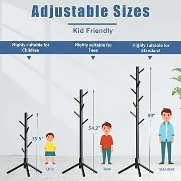 Haddockway Wooden Coat Rack Stand with 8 Hooks New Zealand Pine 3 Adjustable Coat Standing Tree Easy Assembly for Coats, Hats, Scarves and Handbags for Entryway, Hallway, Bedroom, Office