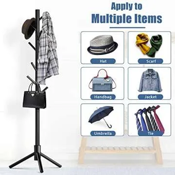 Haddockway Wooden Coat Rack Stand with 8 Hooks New Zealand Pine 3 Adjustable Coat Standing Tree Easy Assembly for Coats, Hats, Scarves and Handbags for Entryway, Hallway, Bedroom, Office