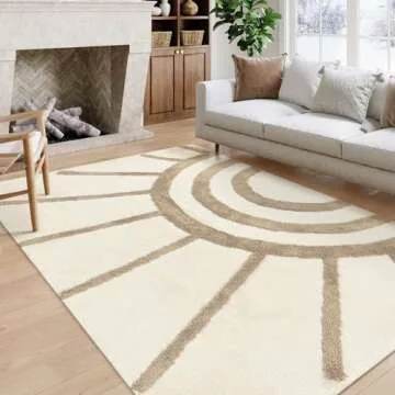 OJIA Boho Area Rug 5'x8', Washable Tufted Living Room Rugs Soft Bedroom Rug Nursery Rug, Farmhouse Cotton Woven Tan Floor Carpet Rugs for Dorm/Kids Room/Nursery/Classroom/Office