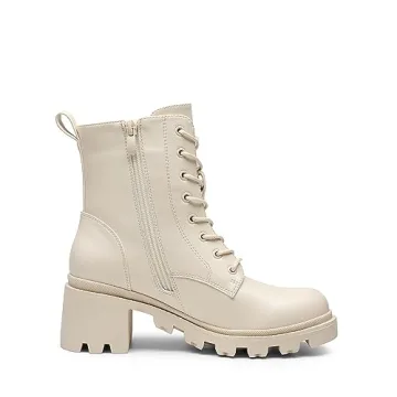 DREAM PAIRS Women's Lace Up Combat Ankle Boots Fashion Low Chunky Heel Lug Sole Fall Heeled Booties Shoes,Size 10,Beige,SDAB2317W