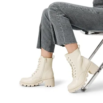 DREAM PAIRS Women's Lace Up Combat Ankle Boots Fashion Low Chunky Heel Lug Sole Fall Heeled Booties Shoes,Size 10,Beige,SDAB2317W