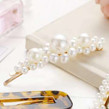 Large Pearl Hair Clips Resin Hairpins Pearl Hair Barrettes,Gold Acrylic Leopard Marble Geometric Hairpin, Tortoise Hair Clips for Women Girls-Pearl and Resin Clips Set 8 Pack