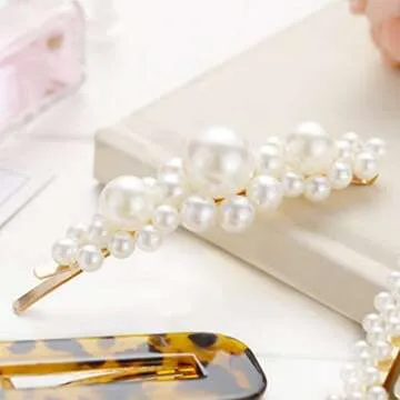 Large Pearl Hair Clips Resin Hairpins Pearl Hair Barrettes,Gold Acrylic Leopard Marble Geometric Hairpin, Tortoise Hair Clips for Women Girls-Pearl and Resin Clips Set 8 Pack