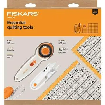 Fiskars Crafts Essentials 5-Piece Set - 45mm Blade Rotary Cutter for Fabric, Self Healing Cutting Mat, and Sewing Ruler - Craft Supplies - White/Gray