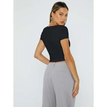 Trendy Queen Tshirts Shirts for Women Double Lined Going Out Crop Tops 2025 Spring Summer Workout Y2k Clothes Beach Fashion Black M