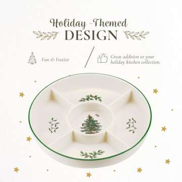Spode Christmas Tree 5-Section Hors D'oeuvres Low Platter - 10" Porcelain Serving Plate for Holiday Snacks, Appetizers, Buffet Displays - Dishwasher Safe Elegant Holiday Tableware