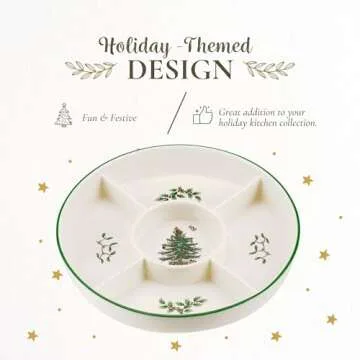 Spode Christmas Tree 5-Section Hors D'oeuvres Low Platter - 10" Porcelain Serving Plate for Holiday Snacks, Appetizers, Buffet Displays - Dishwasher Safe Elegant Holiday Tableware
