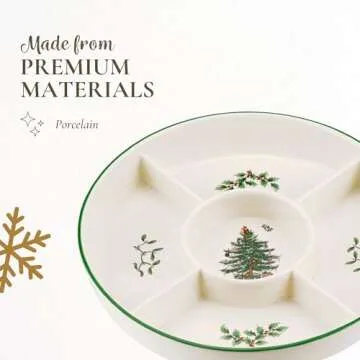Spode Christmas Tree 5-Section Hors D'oeuvres Low Platter - 10" Porcelain Serving Plate for Holiday Snacks, Appetizers, Buffet Displays - Dishwasher Safe Elegant Holiday Tableware