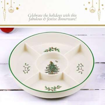 Spode Christmas Tree 5-Section Hors D'oeuvres Low Platter - 10" Porcelain Serving Plate for Holiday Snacks, Appetizers, Buffet Displays - Dishwasher Safe Elegant Holiday Tableware
