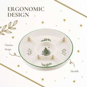 Spode Christmas Tree 5-Section Hors D'oeuvres Low Platter - 10" Porcelain Serving Plate for Holiday Snacks, Appetizers, Buffet Displays - Dishwasher Safe Elegant Holiday Tableware