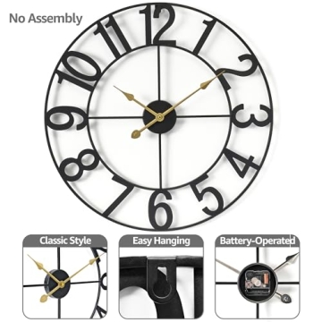 Sorbus Large Black Metal Wall Clock for Home Decor