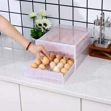 Cq acrylic Egg Container for Refrigerator,2 Tier 60 Egg Organizer Holder for Refrigerator organization,Clear Stackable Egg Dispenser, Plastic Egg Storage Bins for Fridge Organizers and Storage,1Pc