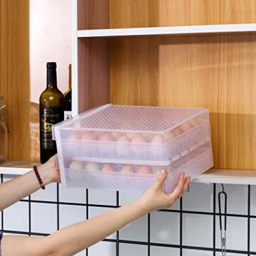 Cq acrylic Egg Container for Refrigerator,2 Tier 60 Egg Organizer Holder for Refrigerator organization,Clear Stackable Egg Dispenser, Plastic Egg Storage Bins for Fridge Organizers and Storage,1Pc
